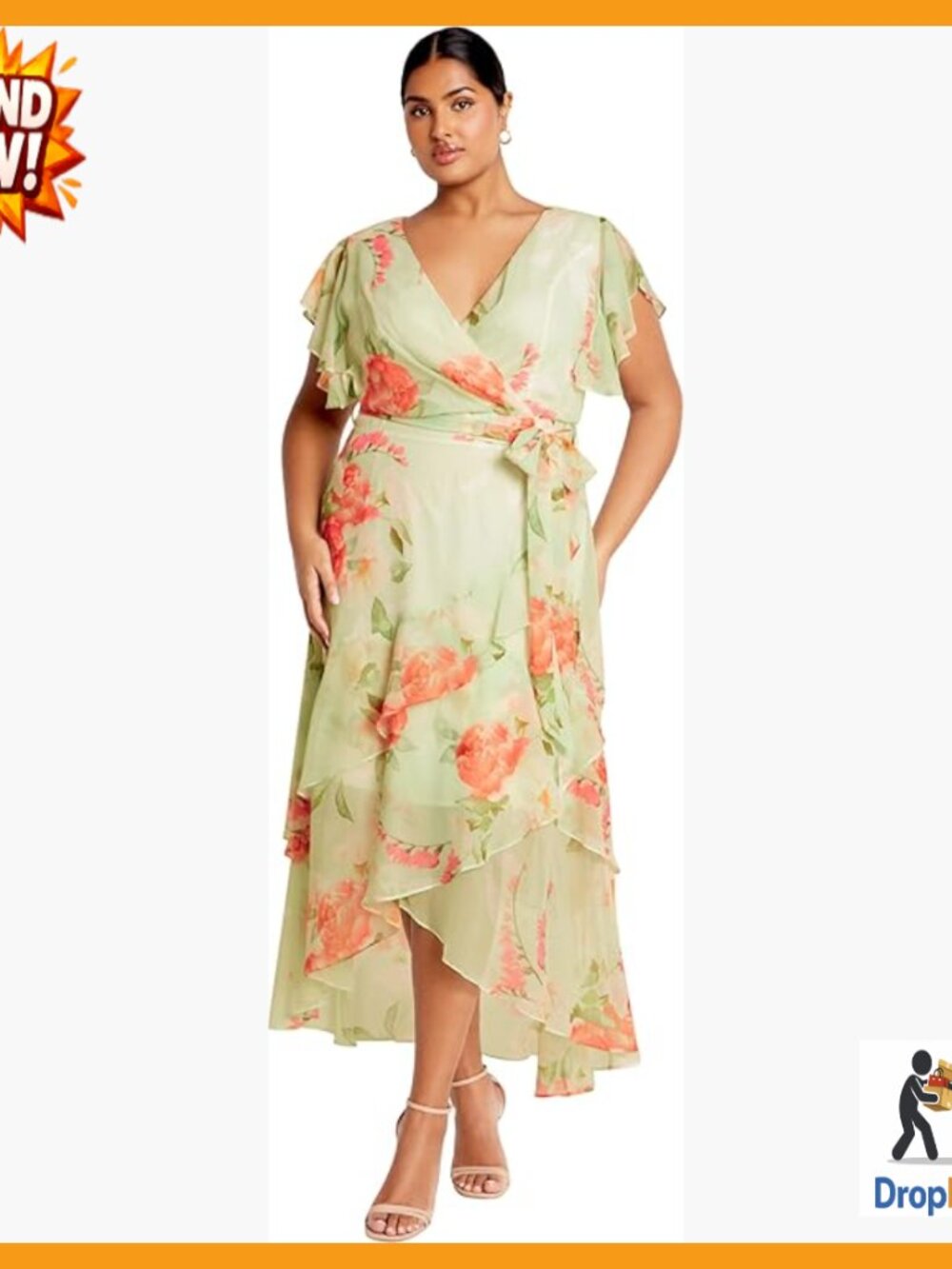 Plus Size Maxi Dress Flirty Tier Print Faux Wrap V-Neckline Ruffled Hem